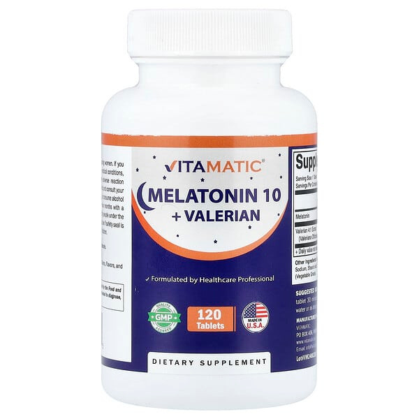 <img alt="Vitamatic, Melatonin 10 + Valerian, 120 Tablets" title="Vitamatic, Melatonin 10 + Valerian, 120 Tablets,810078475545"