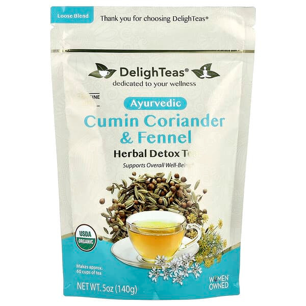 <img alt="DelighTeas, Ayurvedic Cumin Coriander & Fennel, Herbal Detox Tea, Loose Blend, Caffeine Free, 5 oz (140 g)" title="DelighTeas, Ayurvedic Cumin Coriander & Fennel, Herbal Detox Tea, Loose Blend, Caffeine Free, 5 oz (140 g),645759744500"