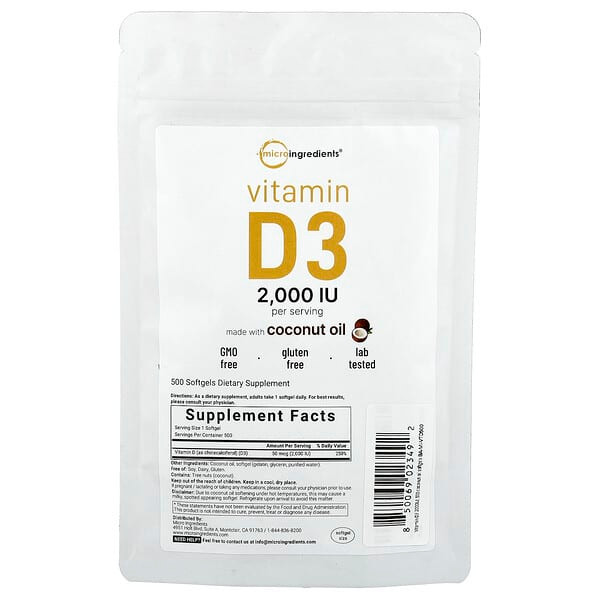 <img alt="Micro Ingredients, Vitamin D3, 2,000 IU, 500 Softgels" title="Micro Ingredients, Vitamin D3, 2,000 IU, 500 Softgels,850069023492"