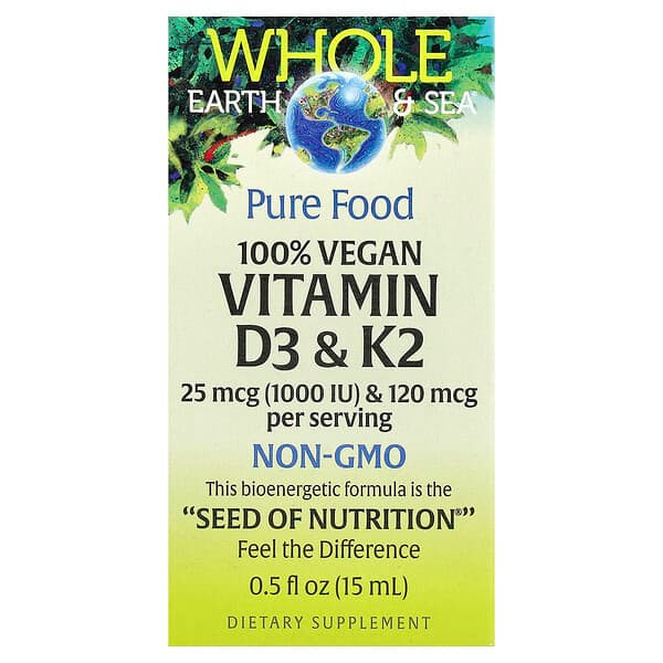 <img alt="Natural Factors, Whole Earth Sea, 100% Vegan Vitamin D3 & K2, 0.5 fl oz (15 ml)" title="Natural Factors, Whole Earth Sea, 100% Vegan Vitamin D3 & K2, 0.5 fl oz (15 ml),068958357478"