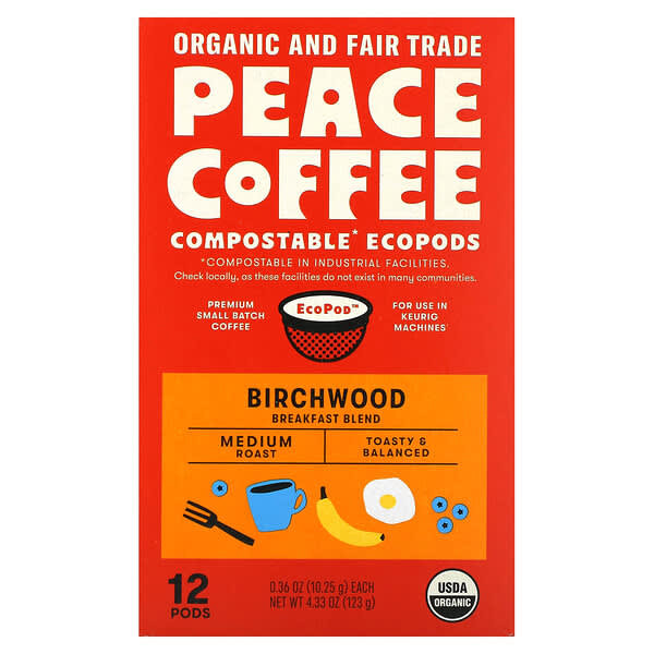 <img alt="Peace Coffee, Organic Birchwood Breakfast Blend, Medium Roast , 12 Pods, 0.36 oz (10.25 g) Each" title="Peace Coffee, Organic Birchwood Breakfast Blend, Medium Roast , 12 Pods, 0.36 oz (10.25 g) Each,853523008936"