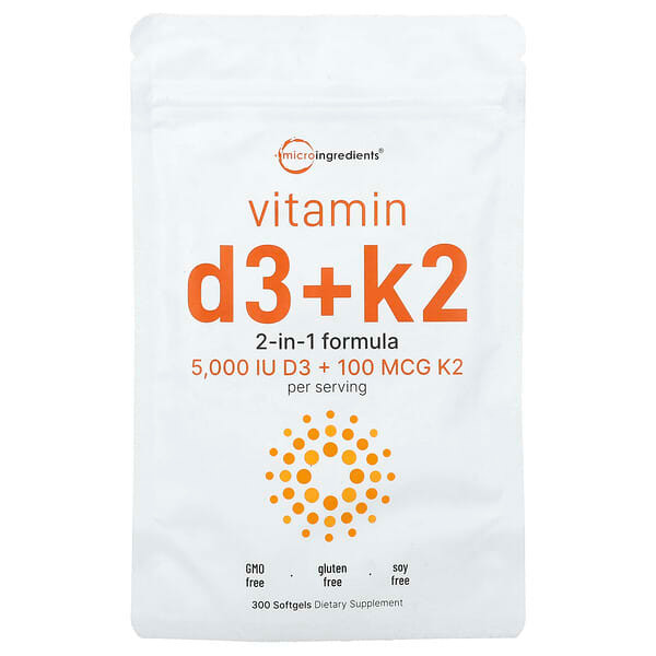 <img alt="Micro Ingredients, Vitamin D3 + K2, 300 Softgels" title="Micro Ingredients, Vitamin D3 + K2, 300 Softgels,850015616020"