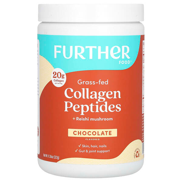 <img alt="Further Food, Grass-Fed Collagen Peptides + Reishi Mushroom, Chocolate, 11.36 oz (322 g)" title="Further Food, Grass-Fed Collagen Peptides + Reishi Mushroom, Chocolate, 11.36 oz (322 g),850006249657"