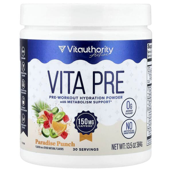 <img alt="Vitauthority, Active, Vita Pre, Pre-Workout Hydration Powder, Paradise Punch, 13.5 oz (384 g)" title="Vitauthority, Active, Vita Pre, Pre-Workout Hydration Powder, Paradise Punch, 13.5 oz (384 g),850069641016"