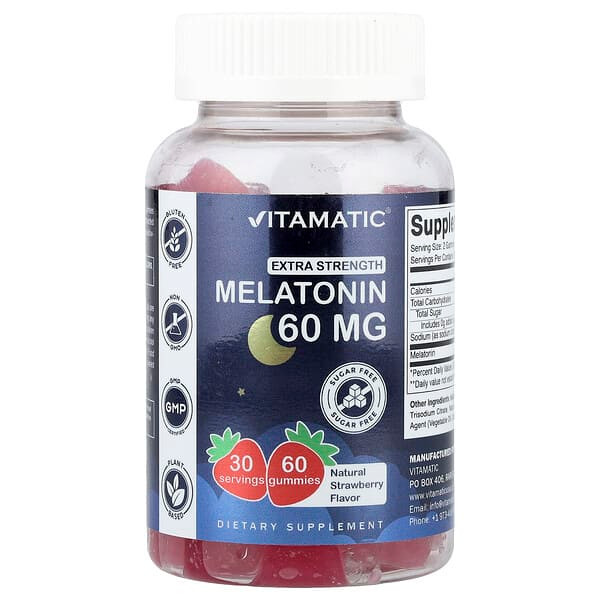 <img alt="Vitamatic, Melatonin Gummies, Natural Strawberry, Sugar Free, 60 mg, 60 Gummies" title="Vitamatic, Melatonin Gummies, Natural Strawberry, Sugar Free, 60 mg, 60 Gummies,"