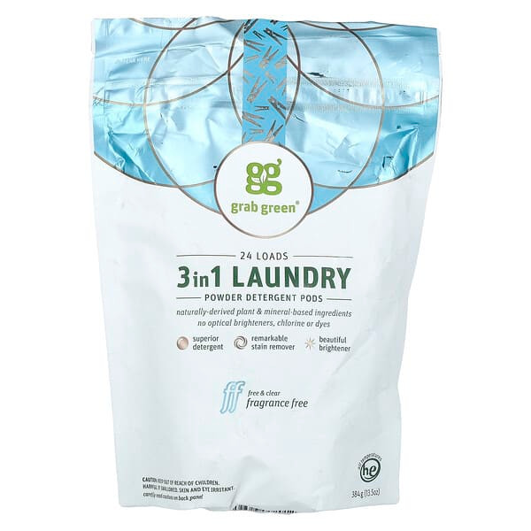 <img alt="Grab Green, 3-in-1 Laundry Powder Detergent Pods, Fragrance Free, 24 Loads, 13.5 oz (384 g)" title="Grab Green, 3-in-1 Laundry Powder Detergent Pods, Fragrance Free, 24 Loads, 13.5 oz (384 g),899696002012"
