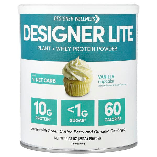 <img alt="Designer Wellness, Designer Lite, Plant + Whey Protein Powder, Vanilla Cupcake, 9.03 oz (256 g)" title="Designer Wellness, Designer Lite, Plant + Whey Protein Powder, Vanilla Cupcake, 9.03 oz (256 g),844334010249"