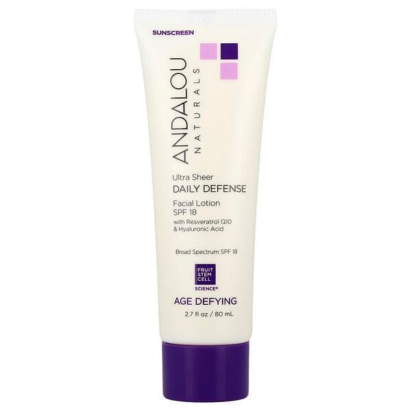 <img alt="Andalou Naturals, Ultra Sheer Daily Defense Facial Lotion, Age Defying, SPF 18, 2.7 fl oz (80 ml)" title="Andalou Naturals, Ultra Sheer Daily Defense Facial Lotion, Age Defying, SPF 18, 2.7 fl oz (80 ml),859975002324"