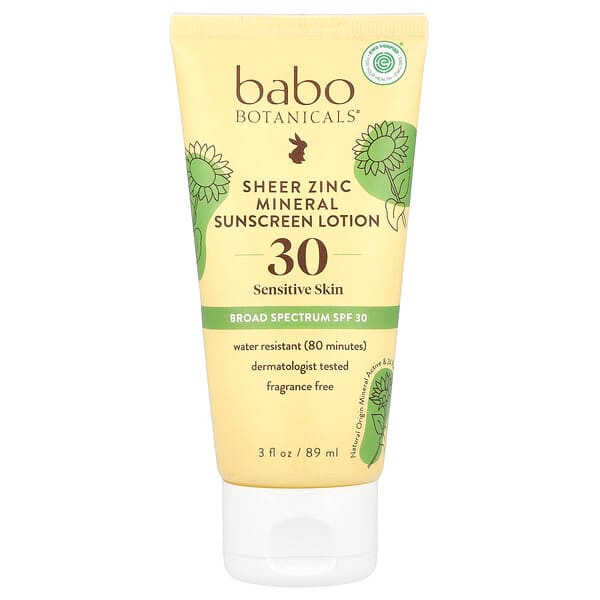 <img alt="Babo Botanicals, Sheer Zinc Mineral Sunscreen Lotion, Sensitive Skin, SPF 30, Fragrance Free, 3 fl oz (89 ml)" title="Babo Botanicals, Sheer Zinc Mineral Sunscreen Lotion, Sensitive Skin, SPF 30, Fragrance Free, 3 fl oz (89 ml),899248002910"