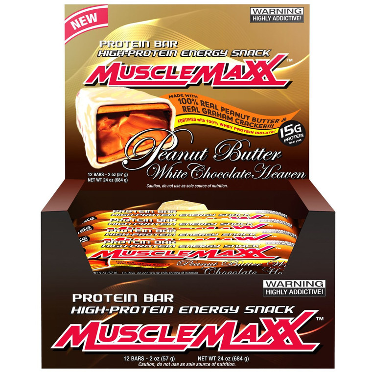 MuscleMaxx, High-Protein Energy Snack, Protein Bar, Peanut Butter White Chocolate Heaven, 12 Bars, 2 oz (57 g) Each