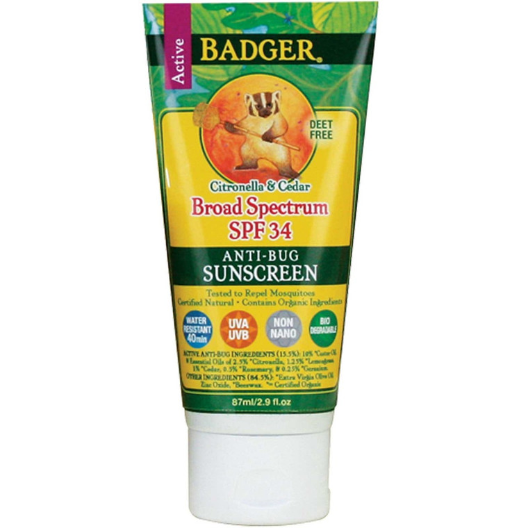 Badger Company, Anti-Bug Sunscreen, SPF 34 PA+++, Citronella & Cedar, 2.9 fl oz (87 ml)