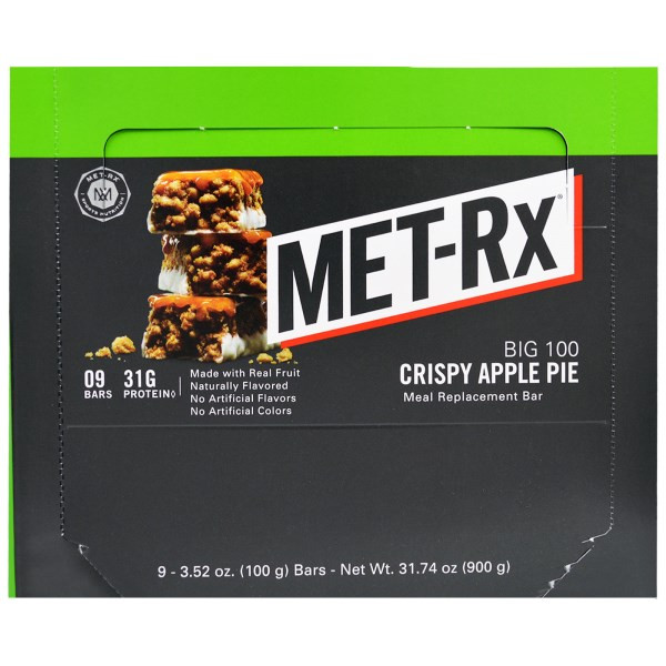 MET-Rx, Big 100, Meal Replacement Bar, Crispy Apple Pie, 9 Bars, 3.52 oz (100 g) Each