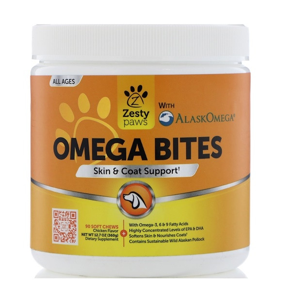 Zesty Paws, Omega Bites for Dogs, Skin & Coat, All Ages, Chicken Flavor, 90 Soft Chews