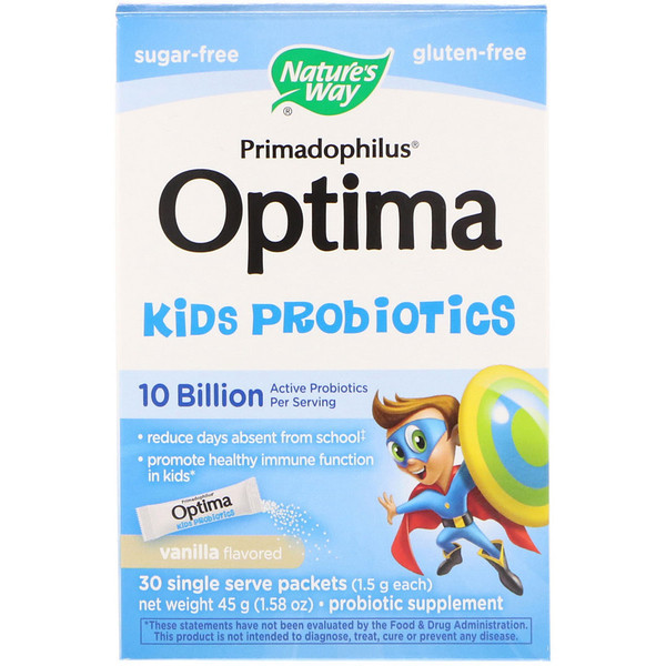 Natures Way, Primadophilus Optima Kids Probiotics, Vanilla Flavored, 30 Single Serve Packets, 1.5 g Each