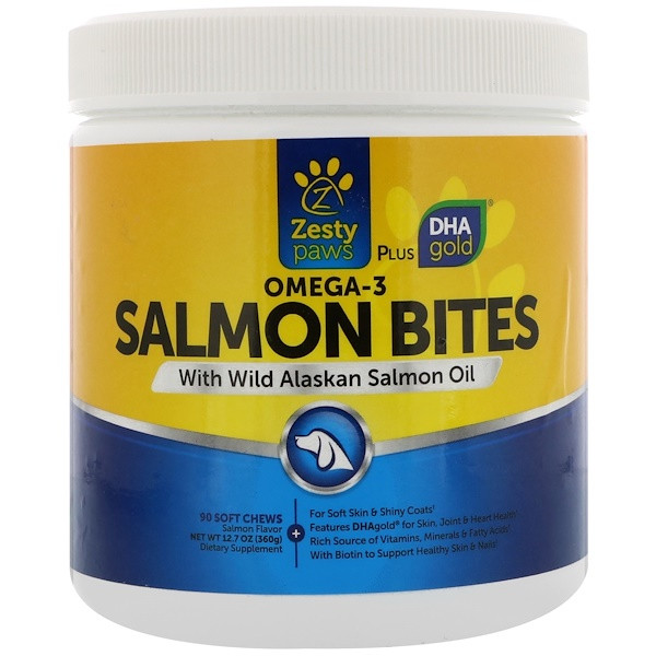 Zesty Paws, Salmon Bites for Dogs, Skin & Coat, All Ages, Salmon Flavor, 90 Soft Chews