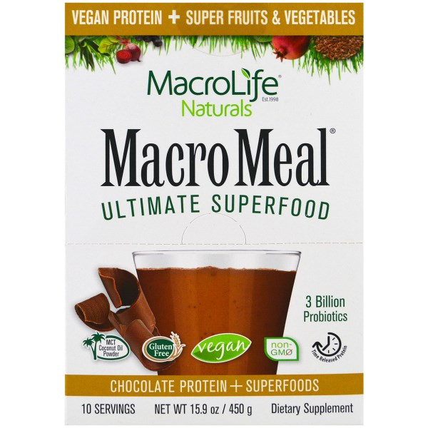 Macrolife Naturals, MacroMeal Ultimate Superfood, Chocolate Protein + Superfoods, 10 Packets, 15.9 oz (450 g)