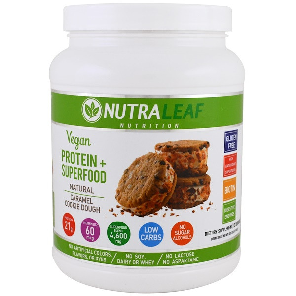 NutraLeaf Nutrition, Protein + Superfood Drink Mix, Vegan, Natural Caramel Cookie Dough, 16 oz (454 g)