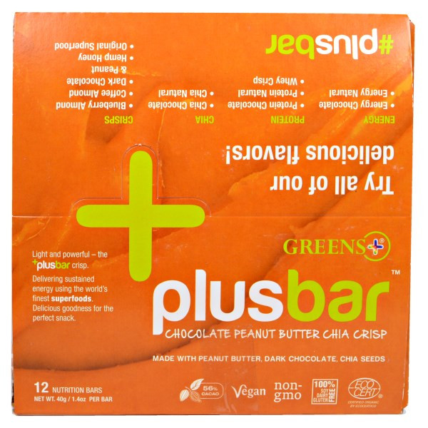 Greens Plus, PlusBar, Chocolate Peanut Butter Chia Crisp, 12 Bars, 1.4 oz (40 g) Each