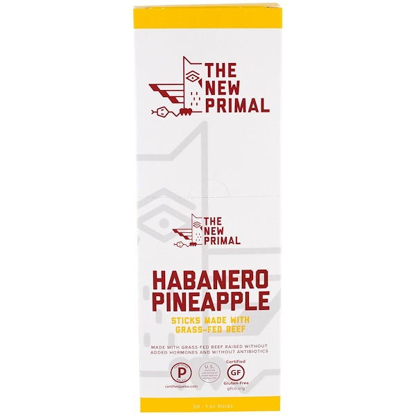 The New Primal, Grass-Fed Beef Sticks, Habanero Pineapple, 20 Sticks, 1 oz Each
