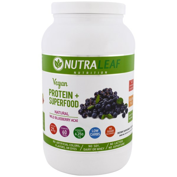NutraLeaf Nutrition, Vegan Protein + Superfood, Natural Wild Blueberry Acai, 37.4 oz (1,050 g)
