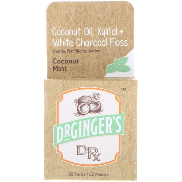 Dr. Gingers, Coconut Oil, Xylitol + White Charcoal Floss, Coconut Mint, 32 yds (30 m)