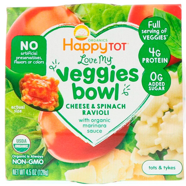 Happy Family Organics, Organics Happy Tot, Love My Veggies Bowl, Cheese & Spinach Ravioli, 4.5 oz (128 g)
