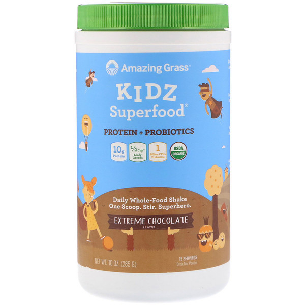 Amazing Grass Kidz Superfood Protein + Probiotics Drink Mix Powder Extreme Chocolate -- 15 Servings