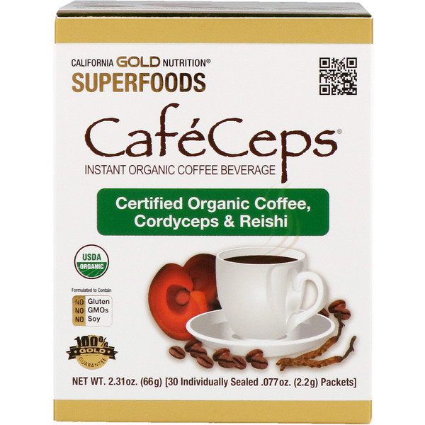 California Gold Nutrition, CafeCeps, Certified Organic Instant Coffee with Cordyceps and Reishi Mushroom Powder, 30 Packets, .077 oz (2.2 g) Each