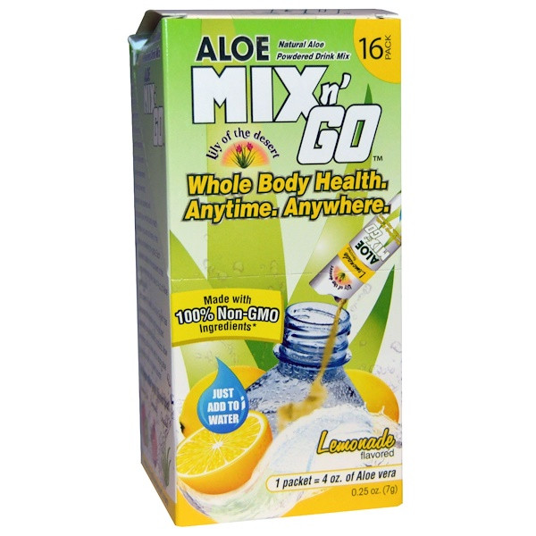 Lily of the Desert, Aloe Mix n Go, Natural Aloe Powdered Drink Mix, Lemonade Flavored, 16 Packs, 0.25 oz (7 g) Each