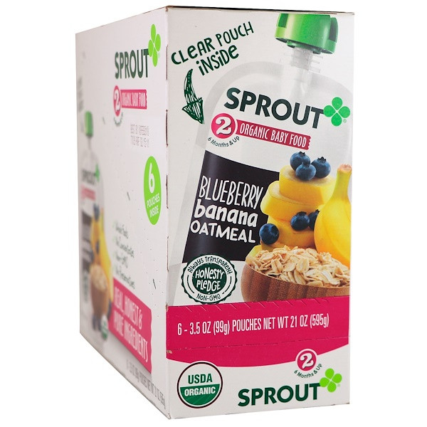 Sprout Organic Baby Food Stage 2 Blueberry Banana & Oatmeal Pouches -- 3.5 oz Each / Pack of 6