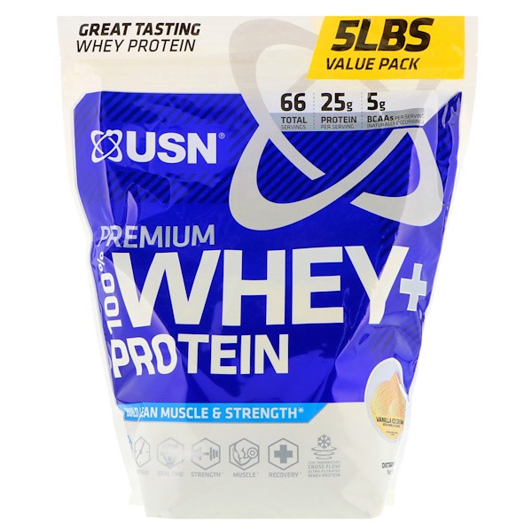 USN, Premium 100% Whey + Protein, Vanilla Ice Cream, 5 lbs (2.27