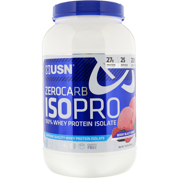 USN, Zero Carb ISOPRO, 100% Whey Protein Isolate, Berry Blast Sorbet, 1.65 lb (750 g)