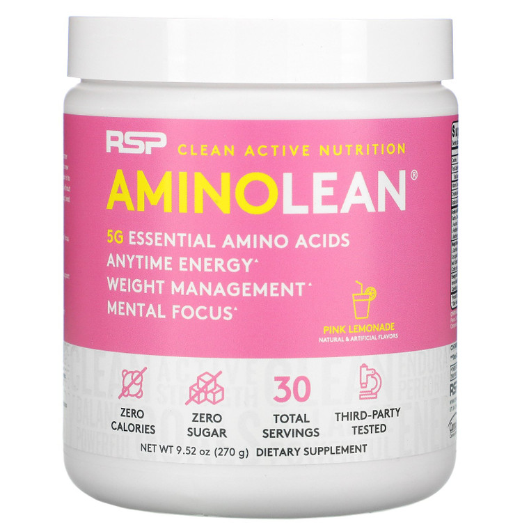 RSP Nutrition, AminoLean, Essential Amino Acids + Anytime Energy, Pink Lemonade, 9.52 oz (270 g),RSP Nutrition, AminoLean, Essential Amino Acids + Anytime Energy, Pink Lemonade, 9.52 oz (270 g)