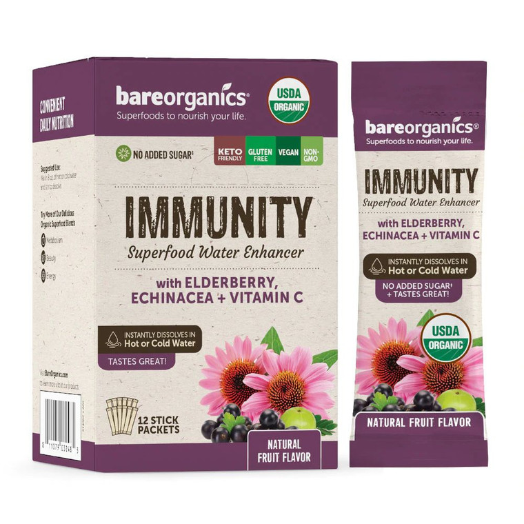 BareOrganics Immunity Blend Superfood Water Enhancer Natural Fruit -- 12 Stick Packets