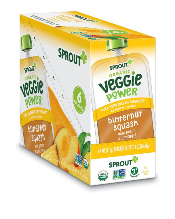 Sprout Organic Baby Food Veggie Power Butternut Squash with Peach & Pineapple -- 4 oz Each / Pack of 6