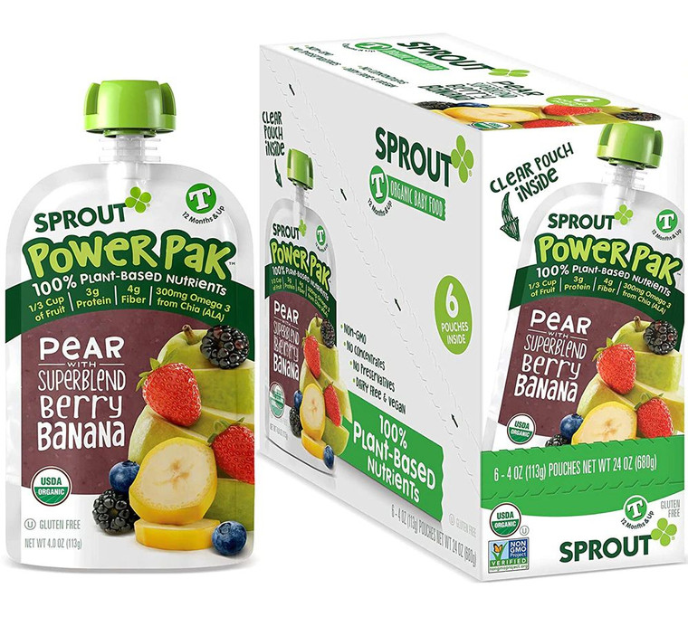 Sprout Organic Baby Food Power Pak Pear with Superblend Berry Banana T 12 Months & Up -- 4 oz Each / Pack of 6