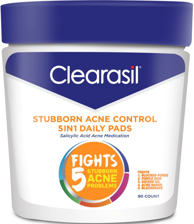 Clearasil Stubborn Acne Control 5in1 Daily Facial Cleansing Pads -- 90 Pads