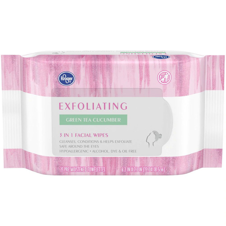 3 PACK of Kroger Exfoliating Facial Wipes Green Tea & Cucumber -- 25 Wipes