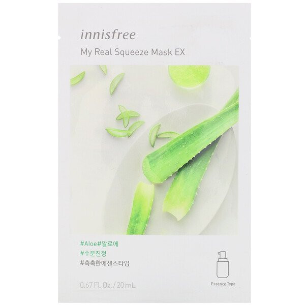 3 PACK OF Innisfree, My Real Squeeze Mask EX, Aloe, 1 Sheet, 0.67 fl oz (20 ml)