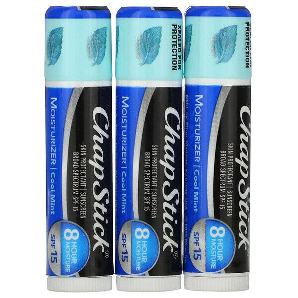 3 PACK OF Chapstick, 2-In-1 Lip Care Skin Protectant, SPF 15, Cool Mint, 3 Sticks, 0.15 oz (4 g) Each