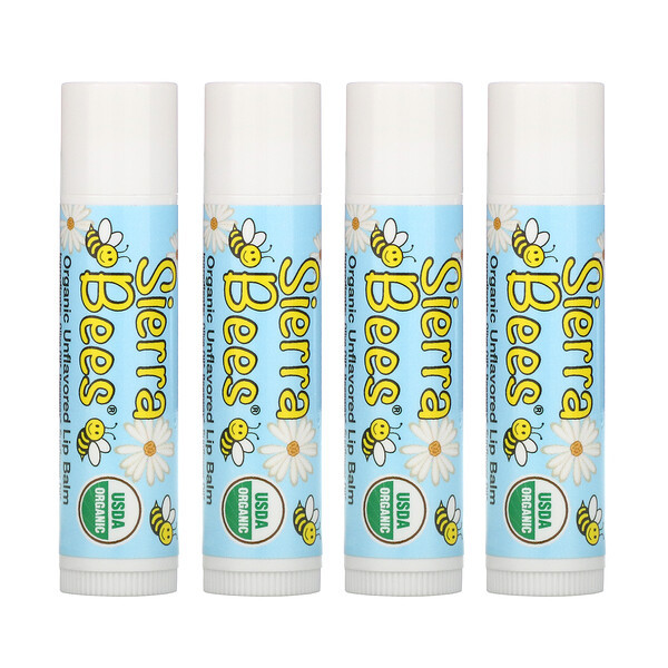 3 PACK OF Sierra Bees, Organic Lip Balms, Unflavored, 4 Pack, .15 oz (4.25 g) Each