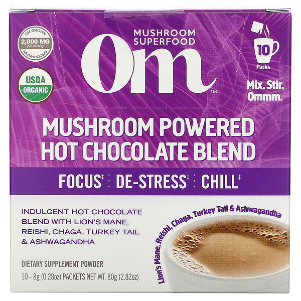Om Mushrooms, Mushroom Powered Hot Chocolate Blend, 10 Packets, 0.28 oz (8 g) Each