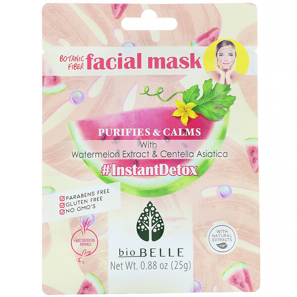 3 PACK of Biobelle, Botanic Fiber Facial Mask, Purifies & Calms, #InstantDetox,  1 Sheet, 0.88 oz (25 g)