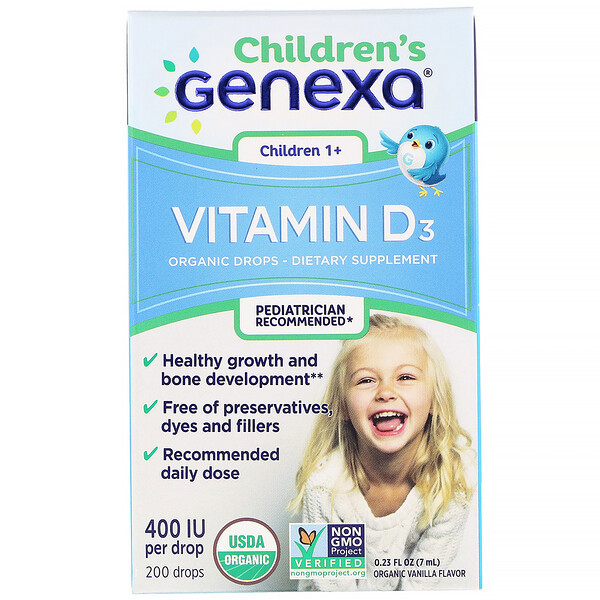 Genexa, Childrens Vitamin D3, Children 1+, Organic Vanilla Flavor,  400 IU, 0.23 fl oz (7 ml)