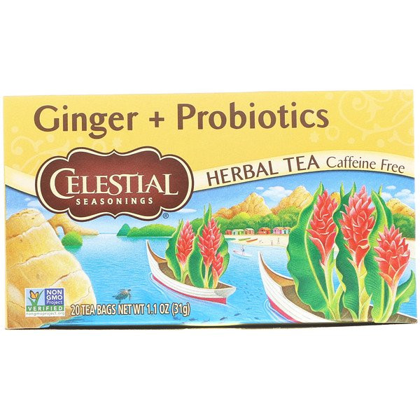 3 PACK of Celestial Seasonings, Herbal Tea, Ginger + Probiotics, Caffeine Free, 20 Tea Bags, 1.1 oz (31 g)