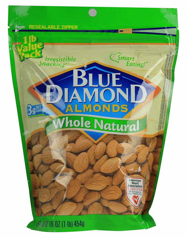 3 PACK of Blue Diamond Almonds Whole Natural -- 16 oz