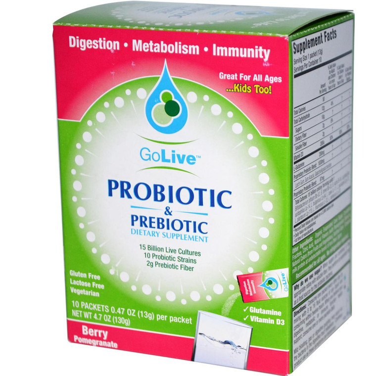 3 PACK of GoLive Probiotic and Prebiotic Drink Mix Berry Pomegranate -- 15 billion CFUs - 10 Packets