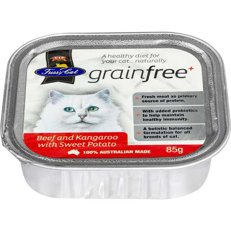 5 PACK of Fussy Cat Grain Free Cat Food Beef & Kangaroo With Sweet Potato 85g
