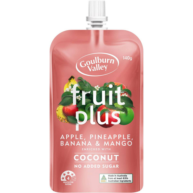 5 PACK of Goulburn Valley Fruit Plus Apple Pineapple Banana & Mango With Coconut 140g