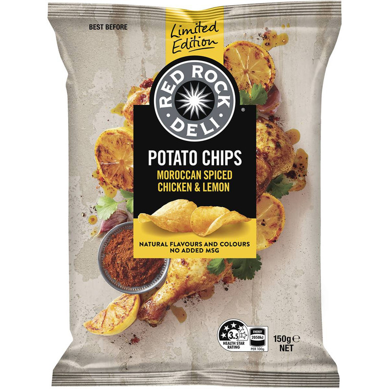 5 PACK of Red Rock Deli Potato Chips - Moroccan Spiced Chicken & Lemon 150g